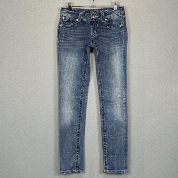 Miss Me Jeans Women 28 Blue Skinny Low Rise Stretch Distressed Medium Wash Denim - Picture 2 of 14